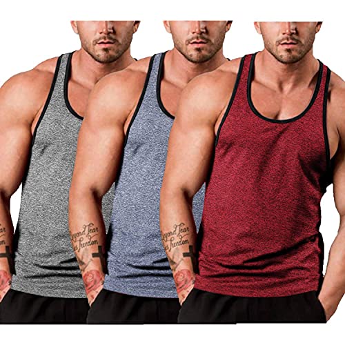 Coofandy Men's 3 Pack Gym Tank Tops Y-Back Workout Muscle Tee Sleeveless Fitness Bodybuilding T Shirts (Red/Grey/Blue#, Small) #TOP20