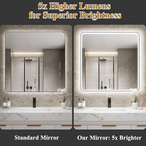 ExBrite 36\"x36\" LED Bathroom Mirror with Black Frame, Front Light and Backlit, Anti-Fog Bathroom Lighted Mirrors for Wall, LED Vanity Mirror with Dimmable Lights,3 Color, Memory Function