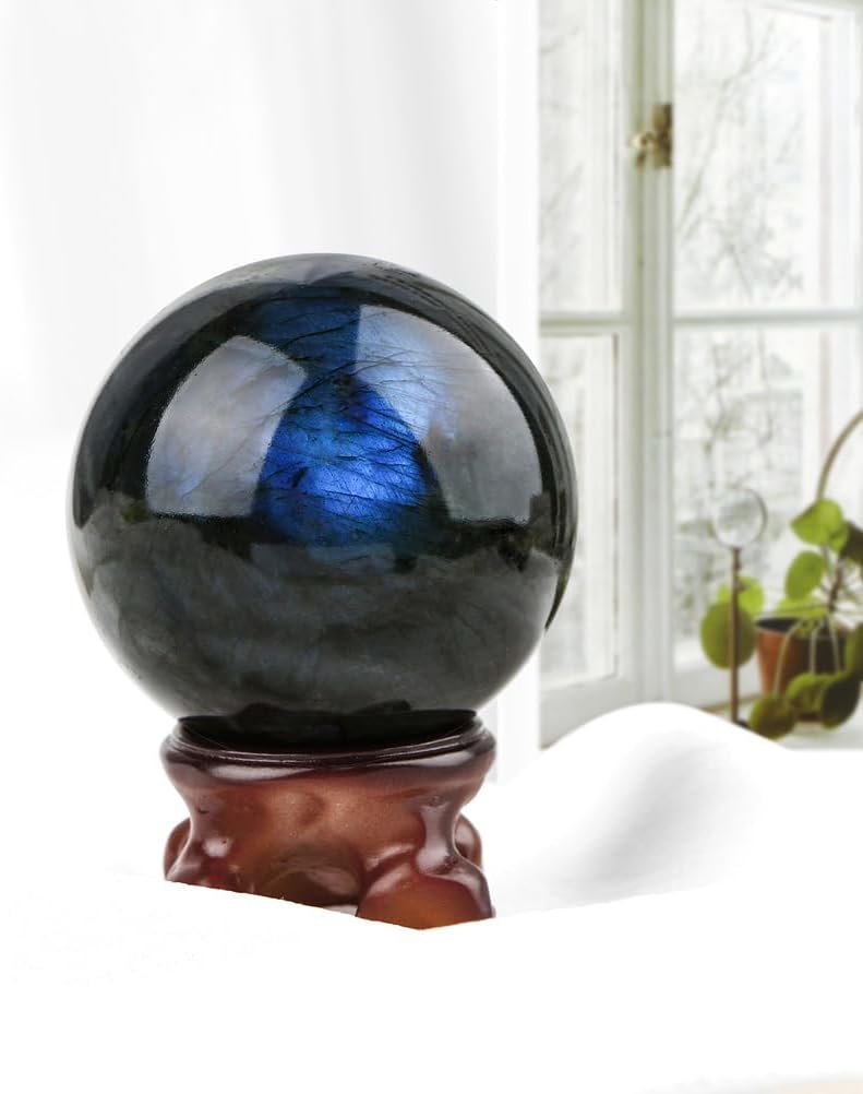 Labradorite Crystal Ball with Wood Stand,Polished Labradorite Stone Sphere for,Fengshui Decor Orb for Home & Office,Gifts for Friends,8~9cm