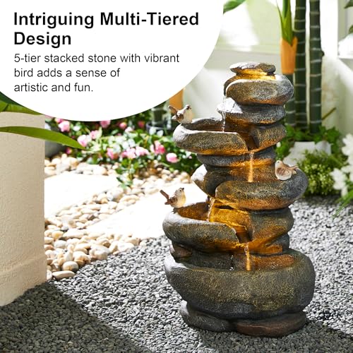 Image of Glitzhome 5-Tier Cascading Rock Outdoor Water Fountain with LED Light & Pump, Natural Stacked Stone Look Water Fountain with Lively Birds for Garden, Patio, Porch, 23 inchH