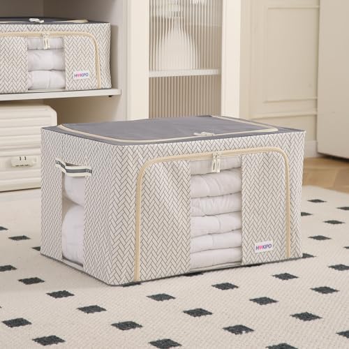 Image of HOKIPO Almirah Organizer Living Boxes | Cloth Storage Box with Top & Front Zipper | Moisture & Moth Resistant | Strong Metal Frame (Oxford Fabric) |88L, Pack of 1 Cream Mist (AR-5930-OWHT)