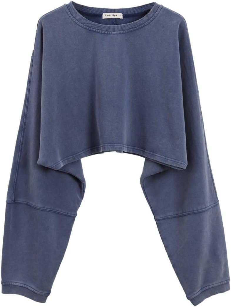 Amazhiyu Womens Washed High Cropped Sweatshirt Pullover Crew Neck Fall Crop Top - Image 3