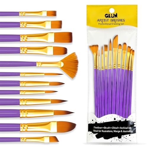 Image of GLUN Premium Paint Brushes 12 Different Professional Drawing Paint Brush Set Purple Colour, Wide to Fine Tip, Nylon Hair Artist Paintbrushes