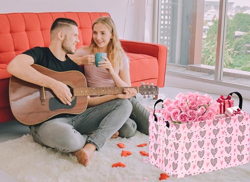 Image of Valentines Basket Rec Heart Print Box Hamper Storage Basket Collapsible Organizer Bin Gift Shelf Baskets for Home and Kitchen Storage