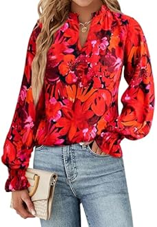MASCOMODA Womens V Neck Floral Long Sleeve Tops 2026 Summer Casual Loose Puff Sleeve Chiffon Boho Work Blouse Dressy T Shirts