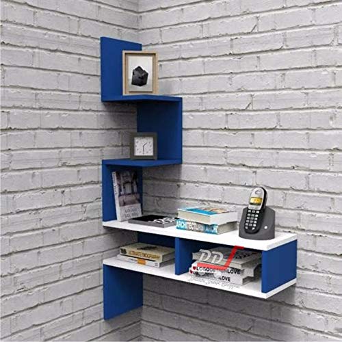Image of Engineered Wood Big Zigzag Corner Wall Shelf for Living Room and Home Decor (White Combination) (Blue & White)