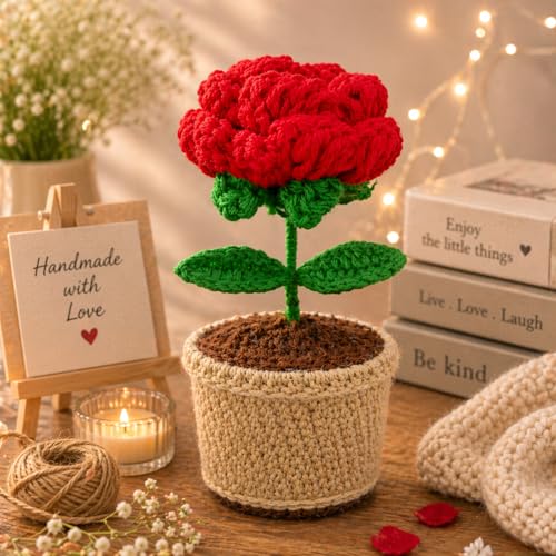 Image of Handcrafted Crochet Flower Pot | 7 Inch Handmade Wool Flower Plant | Premium Soft Yarn Decor | Cute Desk & Home Decoration | Unique Gift for Birthday, Anniversary & Valentine (Red Rose)