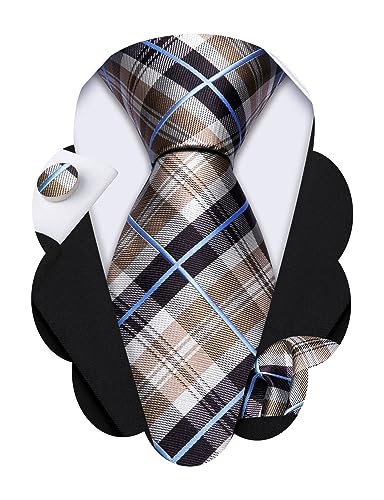 Image of Barry.Wang Plaid Ties for Men Silk Necktie Handkerchief Cuff Links Set