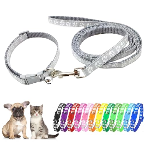 Set di collare e guinzaglio per cuccioli, set di guinzagli per cani XXS, riflettenti, con impronta di zampa, regolabile, con campanello, per animali di piccola taglia XXS, XS, taglia XS, per animali