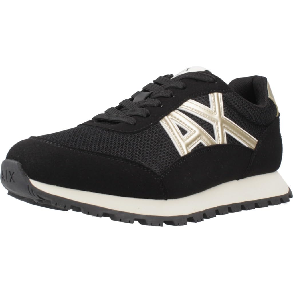 Armani Exchange Women Essential, Drop, Microsuede Details Sneaker, Black Pale Gold, 6.5 UK