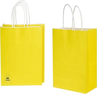 Bolsas de papel de estraza con asa, paquete de regalo colorido, bolsas de fresno, bolsas para invitados, bolsas de regalo, juego de bolsas de regalo, Amarillo 20 Piezas, 15 x 21 x 8 cm