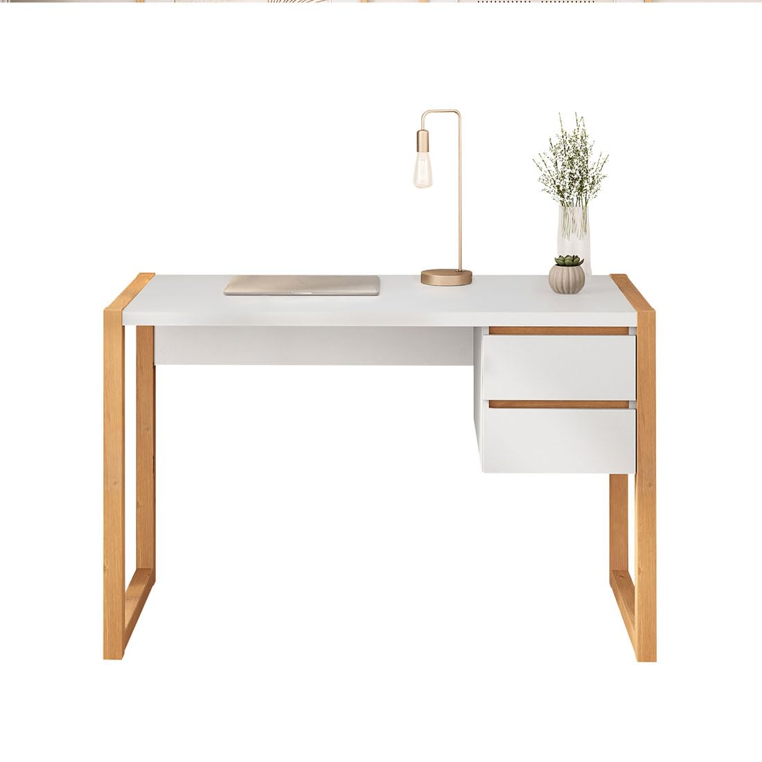 IDIMEX Schreibtisch Belinda mit 2 Schubladen, Weiß/Eiche – Home Office Tisch aus Kiefer Massivholz, Modernes Design mit praktischem Stauraum