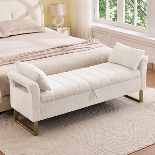 66'' King Size Storage Bench for Bedroom, End of Bed Storage Bench King, Comfy Teddy Bedroom Benches for Foot of Bed with Pillows, Long storage Ottoman Benches with Armrest for Windows, Cream White