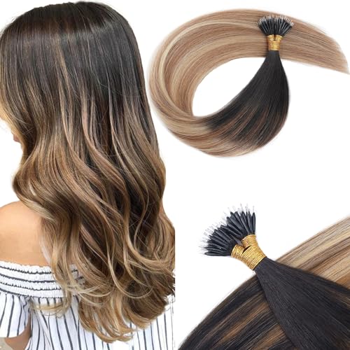 Extensions cheveux nano anneaux 40.6 cm balayage noir brun blond 50g