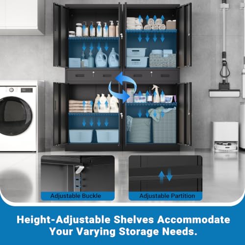 Image of Metal Storage Cabinet with Lock Door, Adjustable Shelves, 1 Drawer