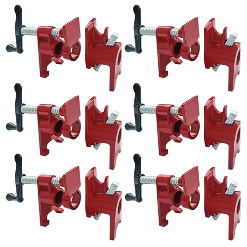 DUPDMKIN Pipe Clamps 3/4 inch 6 Pack Pipe Clamp with Unique Foot Ideal for Carpentry Home Improvement and DIY Projects Wood Gluing Clamps (Red 3/4 IN)