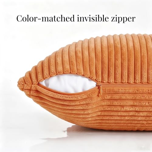 Image of Fancy Homi 2 Packs Orange Long Lumbar Decorative Throw Pillow Covers 16x24 Inch for Couch Bed Sofa, Rustic Farmhouse Boho Home Decor, Soft Striped Corduroy Rectangle Accent Cushion Case 40x60 cm