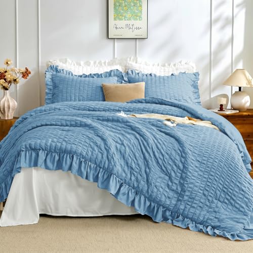 Image of JOLLYVOGUE Twin Size Comforter Set, 2 Pieces Sea Blue Seersucker Lightweight Fluffy Bedding Set, Twin Ruffle Comforter, All Season Soft Microfiber Shabby Chic Bed Set