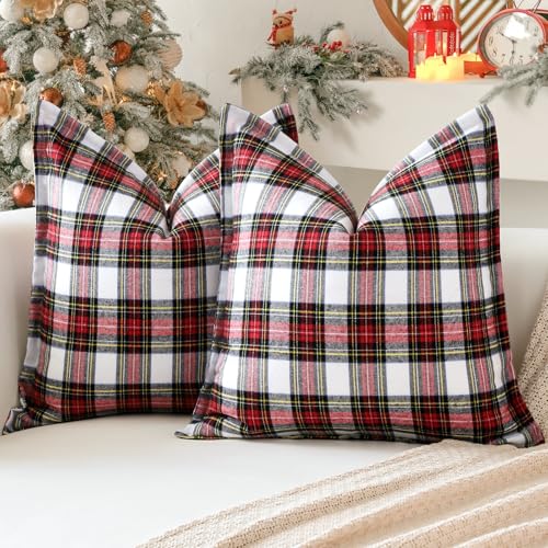 Sungeek - Juego de 2 fundas de cojín de Navidad a cuadros escoceses, decoración de cuadros tartán para decoración de sofá, dormitorio, salón, 40 x 40 cm, color blanco