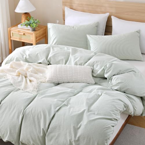 Image of TOCOMOA Sage Green Striped Duvet Cover Bedding Set 100% Washed Cotton Like Linen Feel Super Soft Comfy 3 Piece Pinstriped Comforter Cover Set (Queen 90 inchx90 inch, Comforter Not Included)