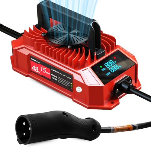 Golf Cart Charger 48 Volt Club Car with LED Visual Charging Display, IP67 15A Golf Cart Battery Charger for Club Car Precedent & DS Lead Acid Battery, 3-Pin Round Plug Cable, Club Car Accessories, Red
