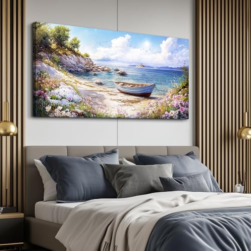 QIYILEXWART Canvas Wall Art For Living Room Wall Decor For Bedroom Office Wall Decoration Seaside Landscape Painting Boat Pictures Artwork Room Aesthetic Home Decor 20x40 In