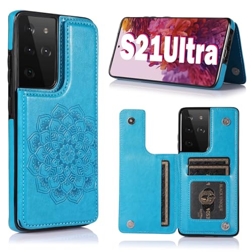 Étui portefeuille Samsung S21 Ultra en cuir bleu avec fermeture magnétique et porte-cartes Pasnew