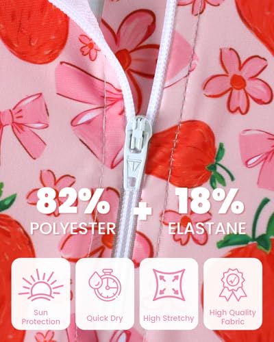 JiAmy Kostium kąpielowy dla dziewczynek z kapeluszem przeciwsłonecznym, długi rękaw, ochrona przed promieniowaniem UV, strój kąpielowy dla dziewczynek, Czerwona truskawka, 18-24 miesięcy