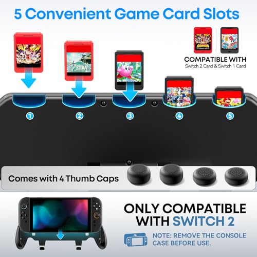 Image of Grip Compatible with Nintendo Switch 2, Switch 2 Ergonomic Grip Case with Adjustable Stand, Comfort Game Accessories with 5 Game Card Slots and 4 Thumb Caps