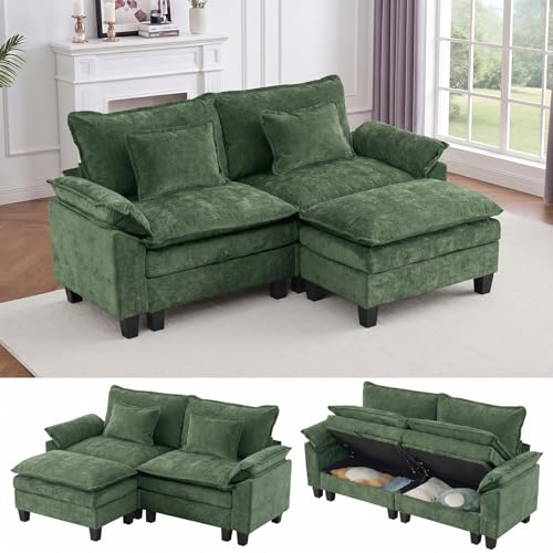 Image of IPKIG 82.3 inch Modular Cloud Couch with Storage, L Shaped Sectional Sofa with Ottoman & Pillow, Chenille Deep Seat Sectional Couches for Living Room, Apartment, Green