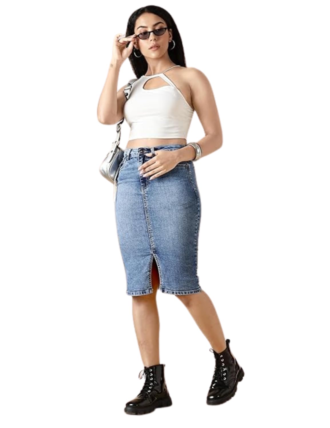 inkd Women's Stretchable Denim Midi Skirt - Denim Skirt for Women | Skirt and Top for Women | Westernwear-picture-51