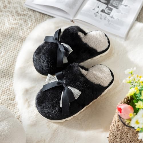 Image of GOEWY Cute Women's Memory Foam House Slippers - Fuzzy Plush Faux Fur Slippers with Bow Butterfly Tie - Anti-Skid Indoor /Outdoor Gifts for Women, Moms & Ladies