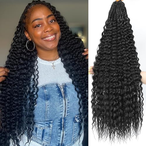 Getgal Deep Wave Curly Crochet Hair 24Inch 7Packs Mermaid Box Braids Crochet Hair Pre Looped Goddess Braids Hair Water Wave Crochet Hair For Black Women（1B,7Packs）