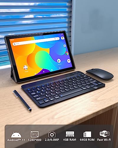 2024 Tablet 10.1 Inch 2 in 1 Tableta, Android 11 Tablet with keyboard, 1.8Ghz Quad-Core CPU 4GB+64GB Storage 512GB Expandable, 8MP Dual Camera, Newest Tablets PC with Case/Mouse/Stylus, IPS FHD Scree