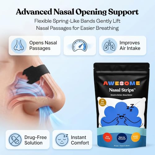 Image of AWESOME Nasal Strips for Breathing & Snoring Relief, 60 Strips - Strong Hold Nose Strips for Better Airflow, Sports Performance & Sleep - Skin-Safe, Sweat-Resistant, CDSCO Approved