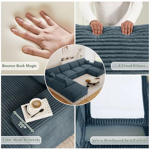 Image of 136 inch Cloud Couch Modular Sectional Sofa for Living Room, U-Shape Boneless Couch with Deep Seat, Modern Corduroy 6-Seater with Ottoman, No Assembly Required, Blue