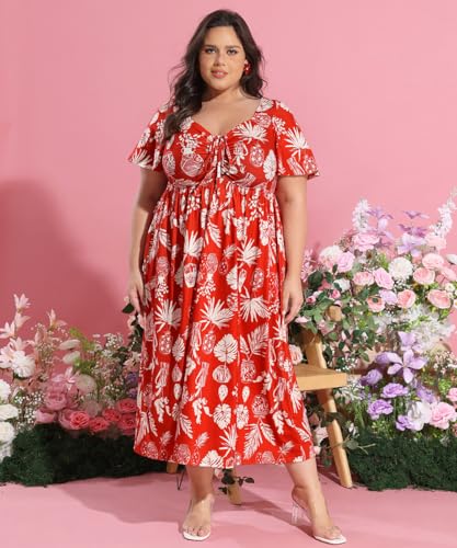 Image of CARCOS Plus Size Dresses for Curvy Women Tie Sweetheart Neck Summer Maxi Dress Short Sleeve Empire Waist Floral Boho Dress