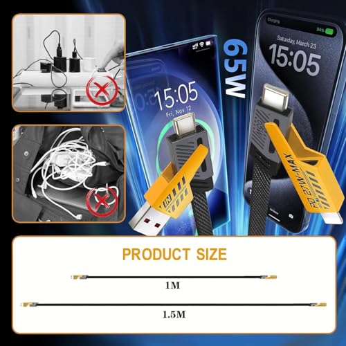 Image of NISHTECH 4 in 1 Charging Cable Fast Charging 65W, USB C Cable 4-in-1 USB Multi Charging Cable| Supporting Thunderbolt Port,Type C Lightning,Type A For All iPhones Android Tablets & Laptop (Yellow)