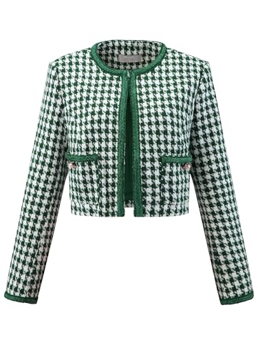 Women's Houndstooth Blazer Collarless Plaid Cropped Tweed Jacket