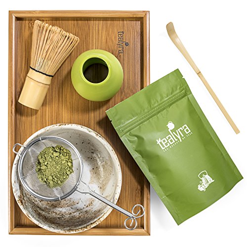 Tealyra - Matcha Kit - Connoisseur Ceremony Start Up Set - Premium Matcha Tea Powder - Japanese Made Golden Bowl - Bamboo Whisk Scoop and Tray - Holder - Sifter
