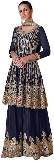 DREAMANGEL FASHION Womens Chinon Party Wear Embroidered Kurta and Sharara With Dupatta