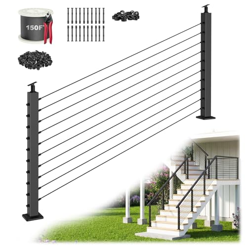 Image of 4FT-10FT Complete Set Stair Cable Railing Kit, 36 inch Black Swageless Cable Railing Kit Includes 2Pack Angle Stair Posts(35 inchx2 inchx2 inch) for 25-35 Stair, 150FT 1 /8 inch Wire Rope,MY06-SP