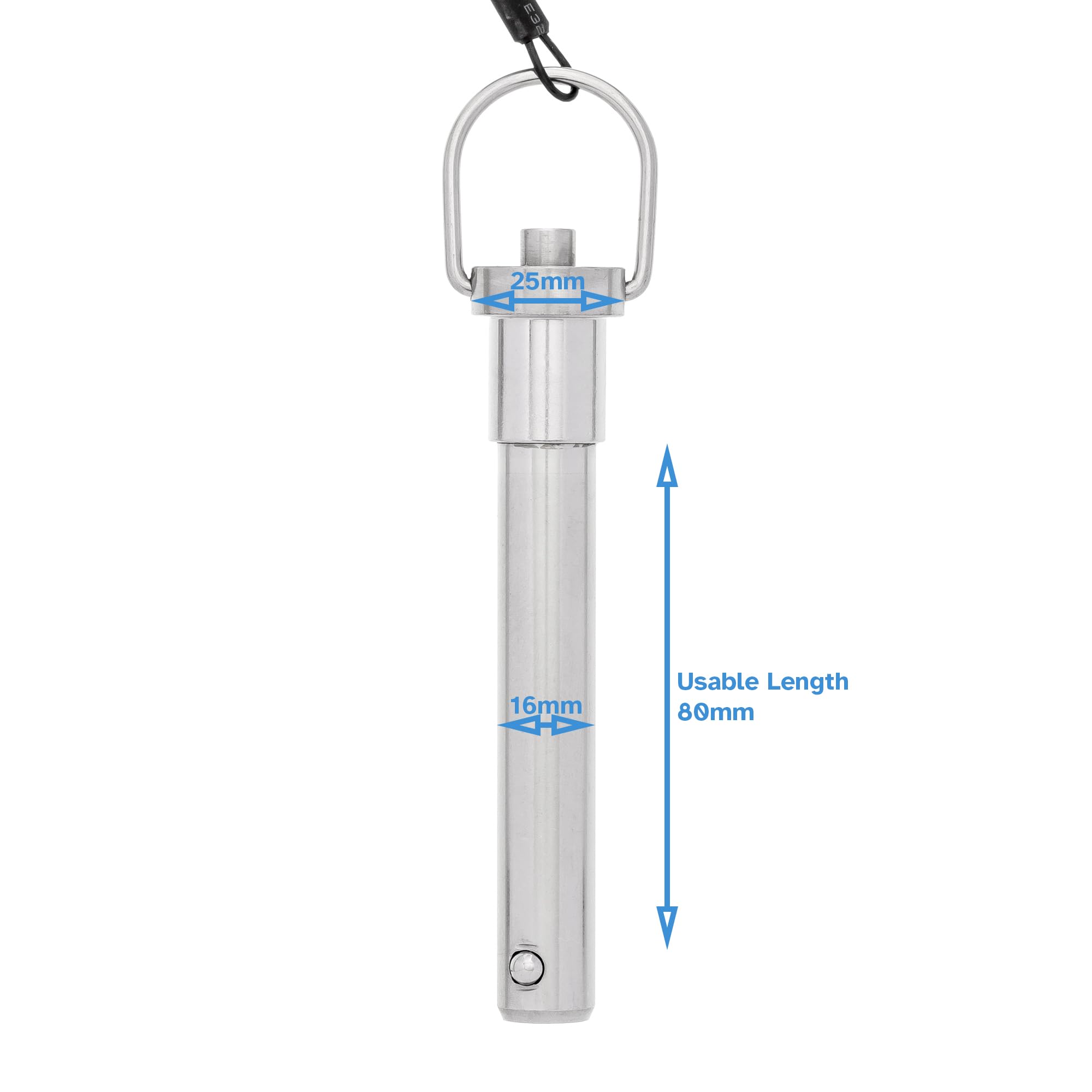 HALLMERS 16mm Pin Diameter 80mm Usable Length Quick Release Ball Head Pin Lock with 260mm Retaining Wire Cable - Stainless Steel - Self Locking Fasten Security Bolt Accessory Push Pull Fastening Tool