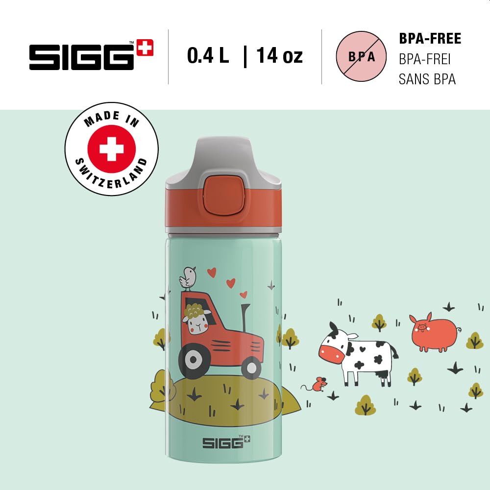 Sigg - Alu Trinkflasche Kinder - Miracle Tractor - Mit Trinkhalm - Auslaufsicher - Federleicht - BPA-frei - Klimaneutral Zertifiziert - Schule & Sport - Wassergrün & Orange mit Traktor - 0,4L