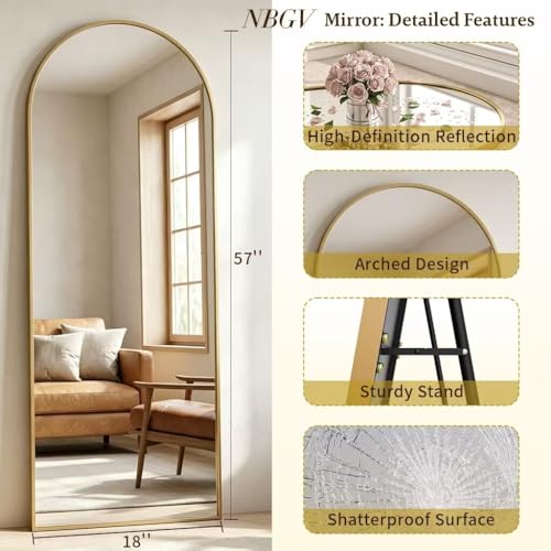 Image of 57 inchx18 inch Floor Mirror Full Length, Arched Full Length Mirror with Stand, Full Body Mirrors for Bedroom Living Room or Cloakroom Gold