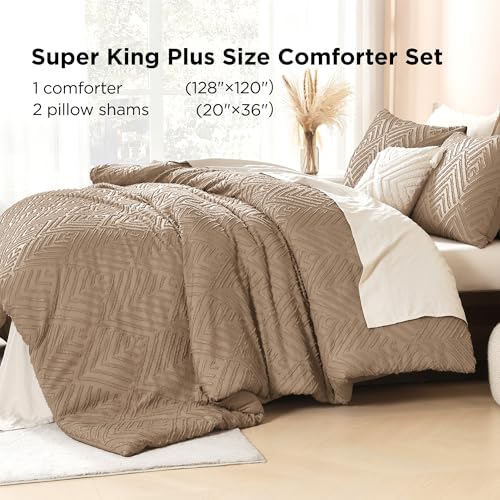 Image of Litanika Super King Plus Comforter Taupe, 3 Pieces Tufted Boho Farmhouse Bedding Comforter Set, Lightweight Fluffy All Season Comforter Set (120x128In Comforter & 2 Pillowcases)