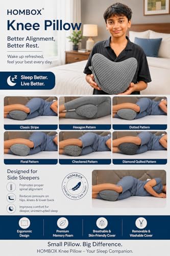 Image of HOMBOX Knee Pillow for Side Sleeper, Memory Foam, Sciatica and Hip Pain Relief, Ergonomic Design, Washable Cover, Grey, Pack of 1 (DIL Shape)