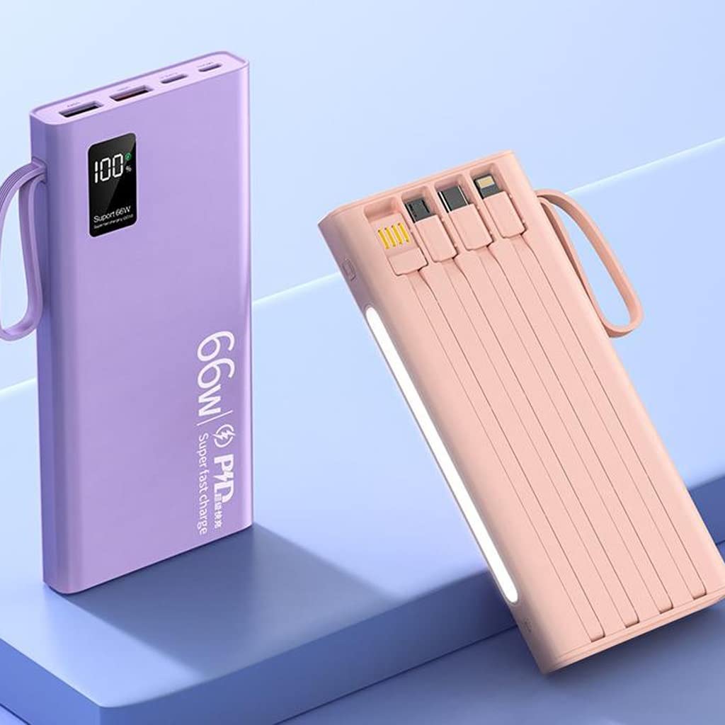 Mini jest wyposażony w czteroprzewodowy power bank 20000 mAh o dużej pojemności PD66W Superszybki power bank ładujący (Color : Purple, Size : 20000mAh)
