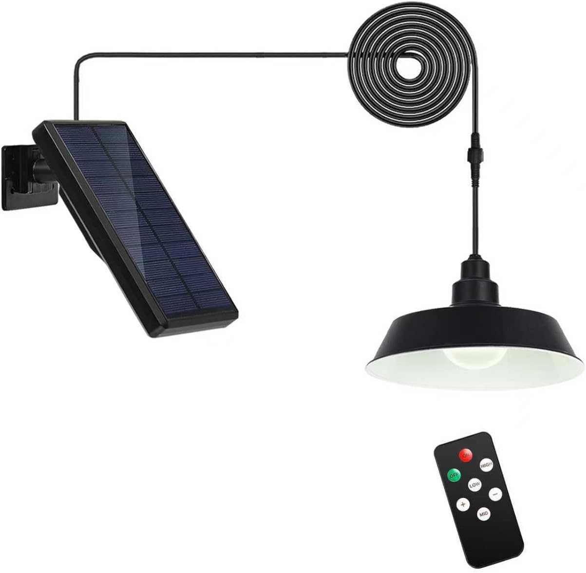Solar Pendant Lights Outdoor, Solar Shed Light with 360° Adjustable Panel, Dimmable Lighting with Remote Control, 16.4ft Cable IP65 Waterproof for Patio, Garage, Camp, Chicken Coop, Barn