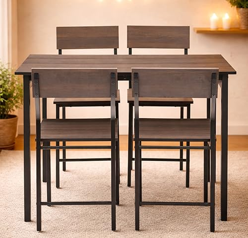 Image of Dining Table Set of 4, 4 Seater Dining Table with Chairs, Engineered Wood Top & Metal Frame, Space Saving Compact Rectangular Dining Table for Home & Kitchen (Dark Maple- DIY)